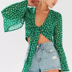 Urban Outfitters Tie Front Bell Sleeve Green Blouse